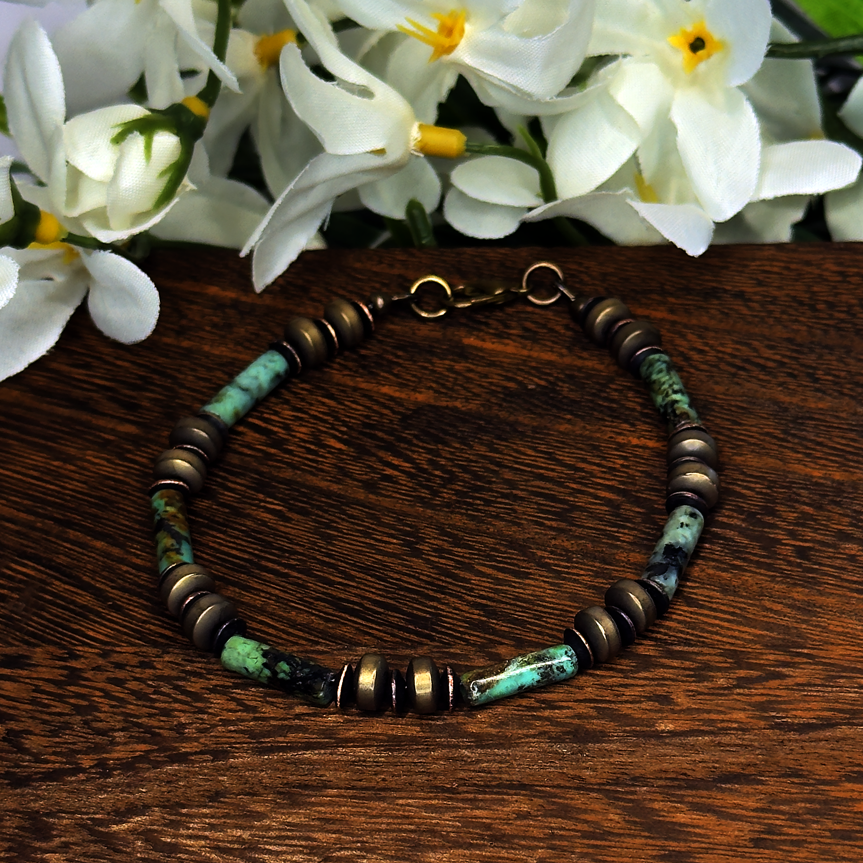 African Turquoise Jasper Tube, Hematite Clasp Bracelet – Artisan Made