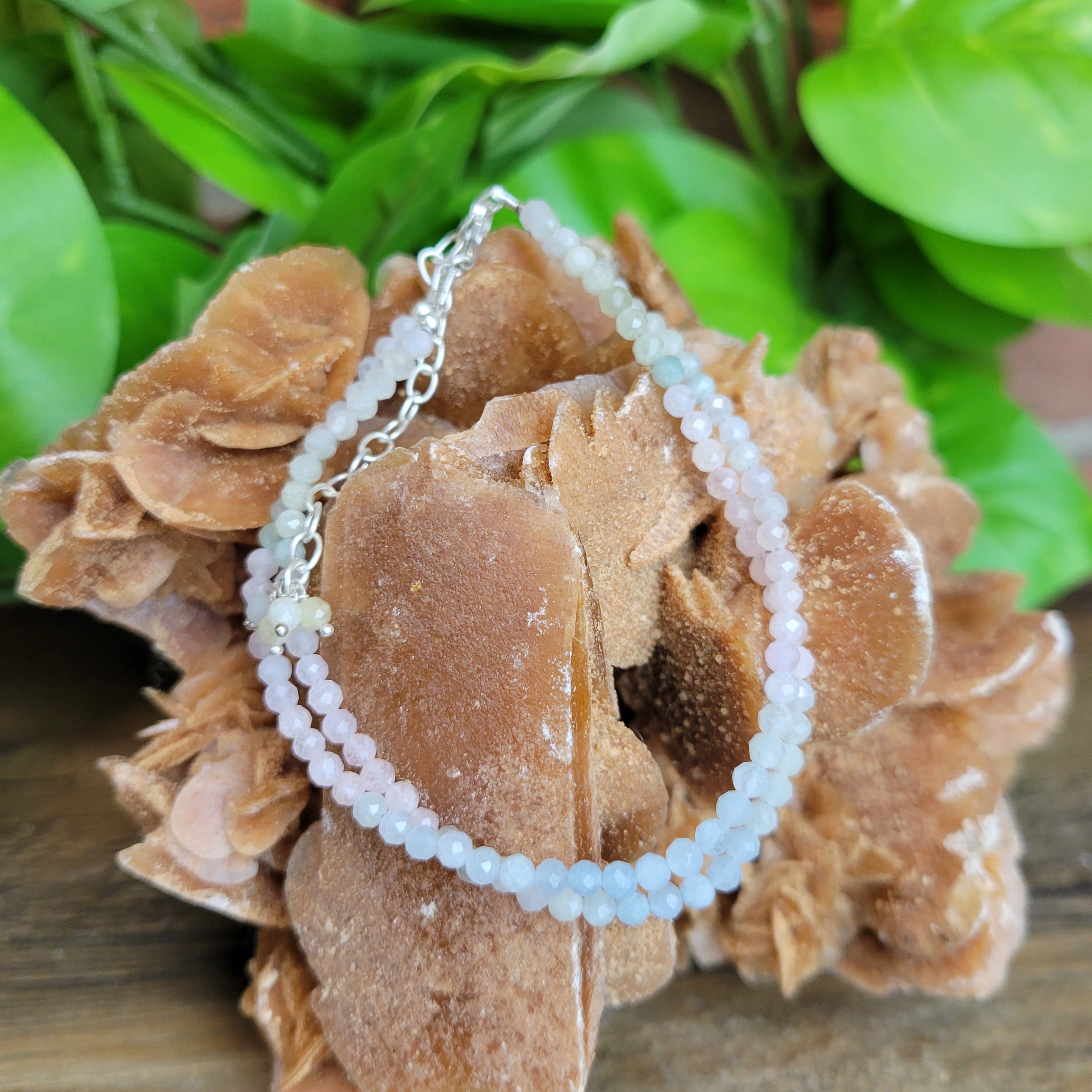 Aquamarine Beaded Double Strand Adjustable Bracelet or Anklet with sterling silver Clasp 7.75" to 9.5"