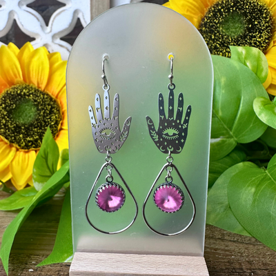"Attract Light and Positive Energy" Hamsa Hand & Rose Swarovski Crystal Earrings- Artisan Made