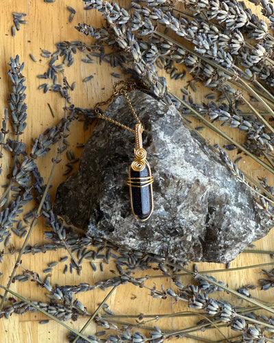 Blue Goldstone Point Wire Wrapped Necklace - Artisan Made
