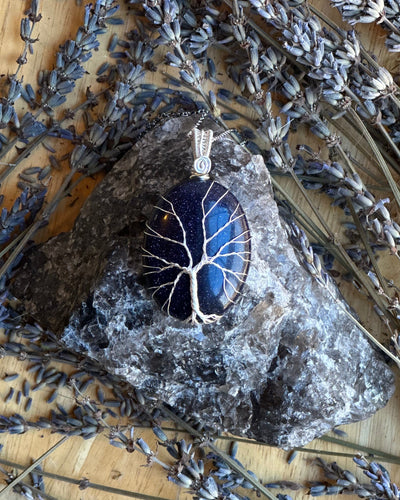 Blue Goldstone Tree of Life Wire Wrapped Necklace - Artisan Made