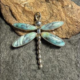 Blue Opalized Petrified Wood & Sterling Silver Dragonfly Pendant - Artisan Made