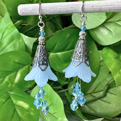 "Breath of Spring" Aquamarine Swarovski Crystal & Trumpet Flower Earrings - Artisan Made