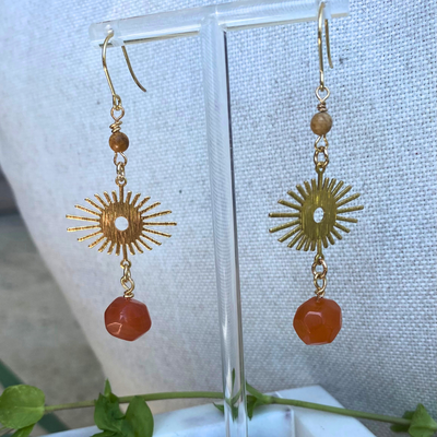 Carnelian and Brass Sun Earrings - Artisan Made