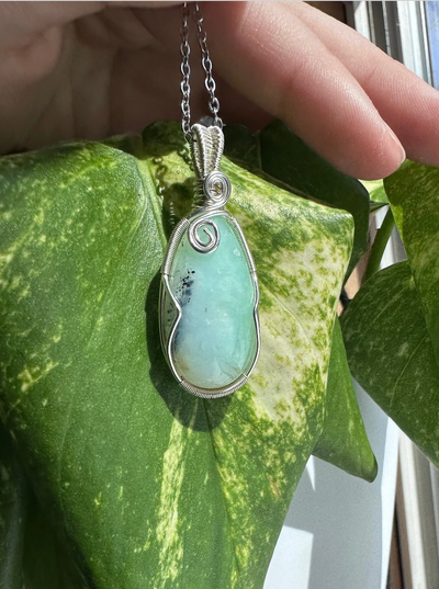 Chrysoprase Silver Plated Wire Wrapped Necklace - Artisan Made