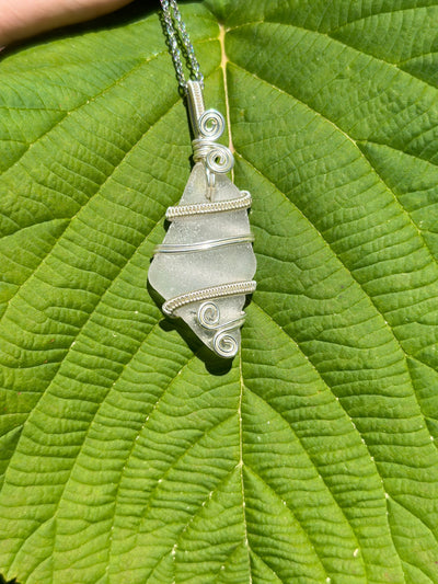 Clear Maine Sea Glass Wire Wrapped Necklace - Artisan Made