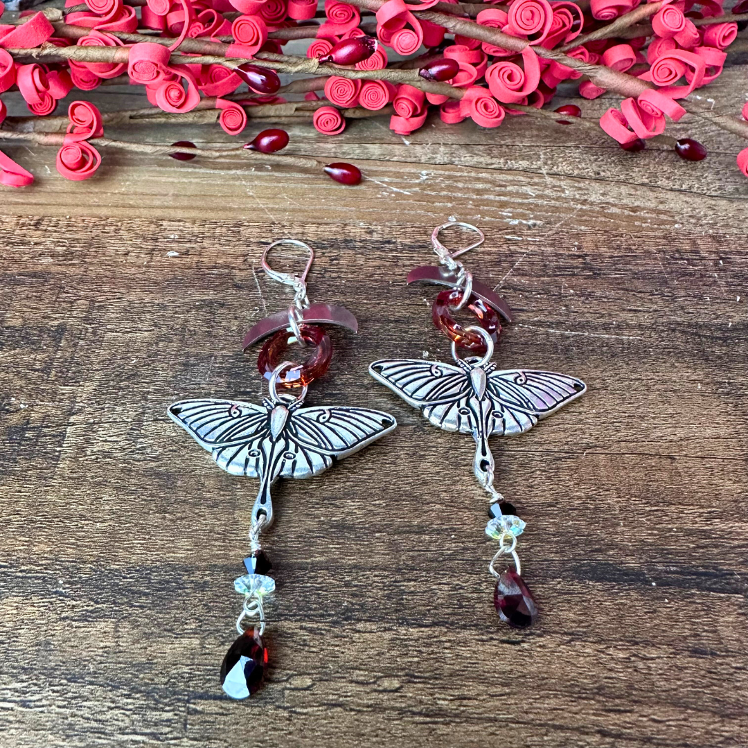 "Connect with Nature" Luna Moth & Garnet Earrings - Artisan Made
