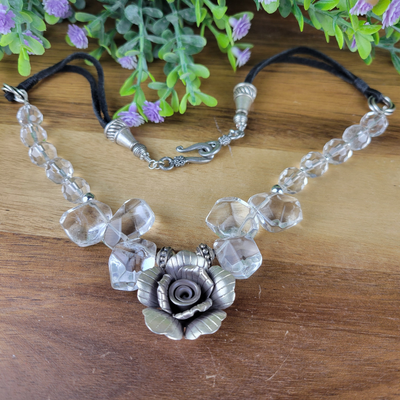 "Earth's Power Stone" Clear Quartz and Hill Tribes Silver Flower Necklace - Artisan Made