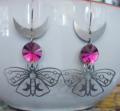 "Find Enlightenment" Luna Moth & Ruby Swarovski Crystal Earrings - Artisan Made