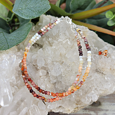 Fire Opal Beaded Double Strand Adjustable Bracelet or Anklet with Sterling Silver Clasp 7.75" to 9.5"