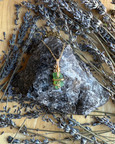 Green Maine Sea Glass Wire Wrapped Necklace - Artisan Made