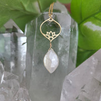 Large Gold Lotus Flower Necklace with Gemstone Briolette – Artisan Made (Variants)