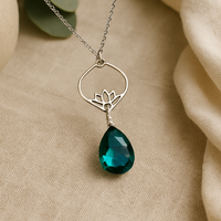 Lotus Flower Necklace with Blue/Green Quartz Briolette - Artisan Made