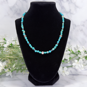 Mexican Campitos Turquoise Pebble, Black Brass Diamond, and Silver Triangle Silver Bead Necklace- Artisan Made