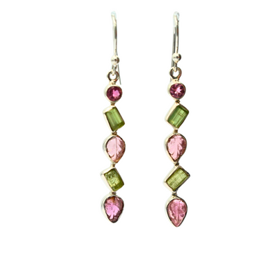 Multi-Tourmaline Earrings with Leaf Carvings in Sterling Silver