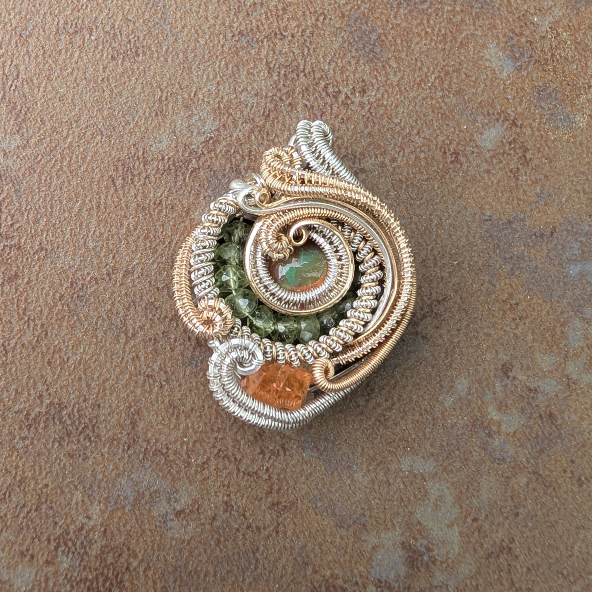 Peridot Spiral Pendant with Ethiopian Opal and Garnet - Artisan Made