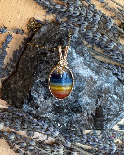 Rainbow Chakra Gold Plated Wire Wrapped Necklace - Artisan Made