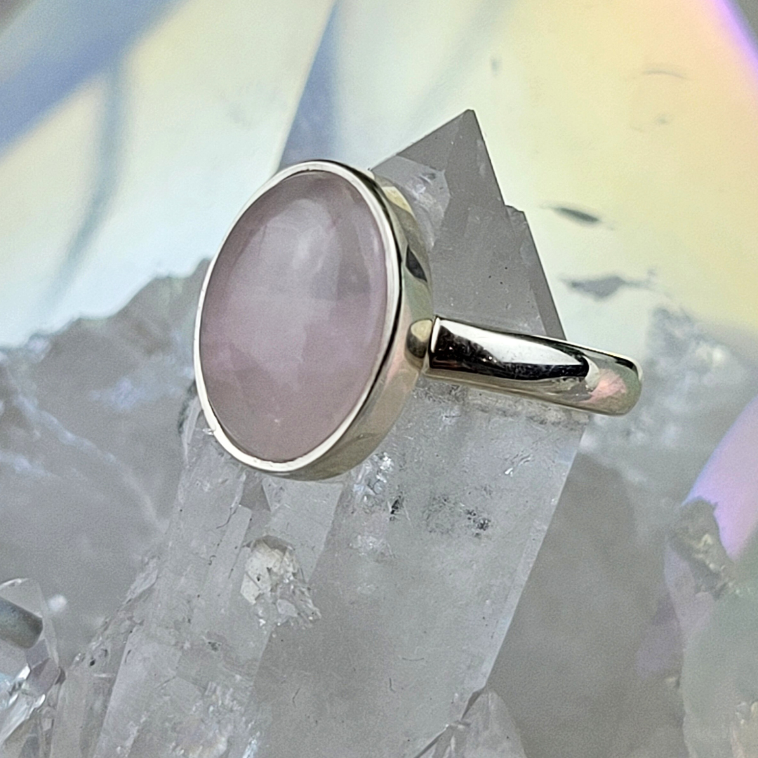 Rose Quartz Polished Ring 0.75-1" in Sized Sterling Silver Band (Assorted Shapes)