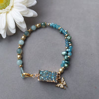 "Sea of Joy" Aquamarine Crystal Druzy & Butterfly Charm Bracelet - Artisan Made
