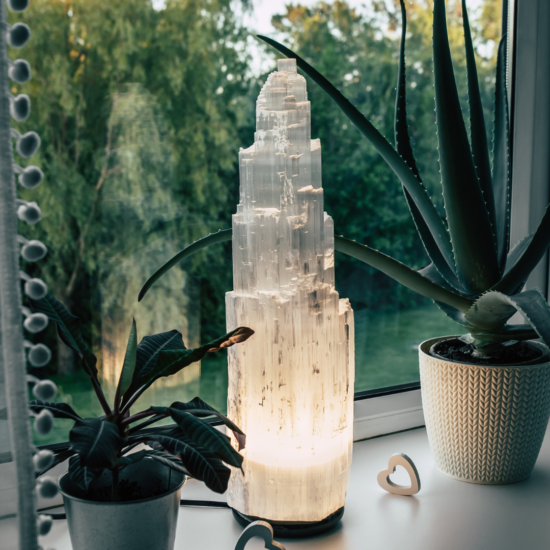 Selenite Tower Lamp 12" with bulb and cord