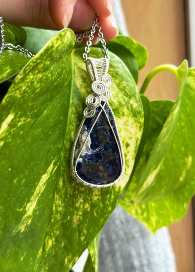 Sodalite Silver Plated Wire Wrapped Necklace - Artisan Made