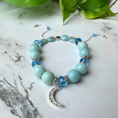 "Stone of Harmony & Peace" Aquamarine & Swarovski Crystal Bracelet - Artisan Made