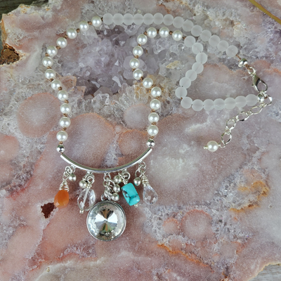"Stone of Healing & Protection" Quartz, Pearl & Gemstone Charm Necklace - Artisan Made