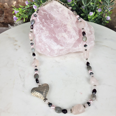 "Stone of Love" Rose Quartz, Garnet, Labradorite & Pearl Necklace - Artisan Made