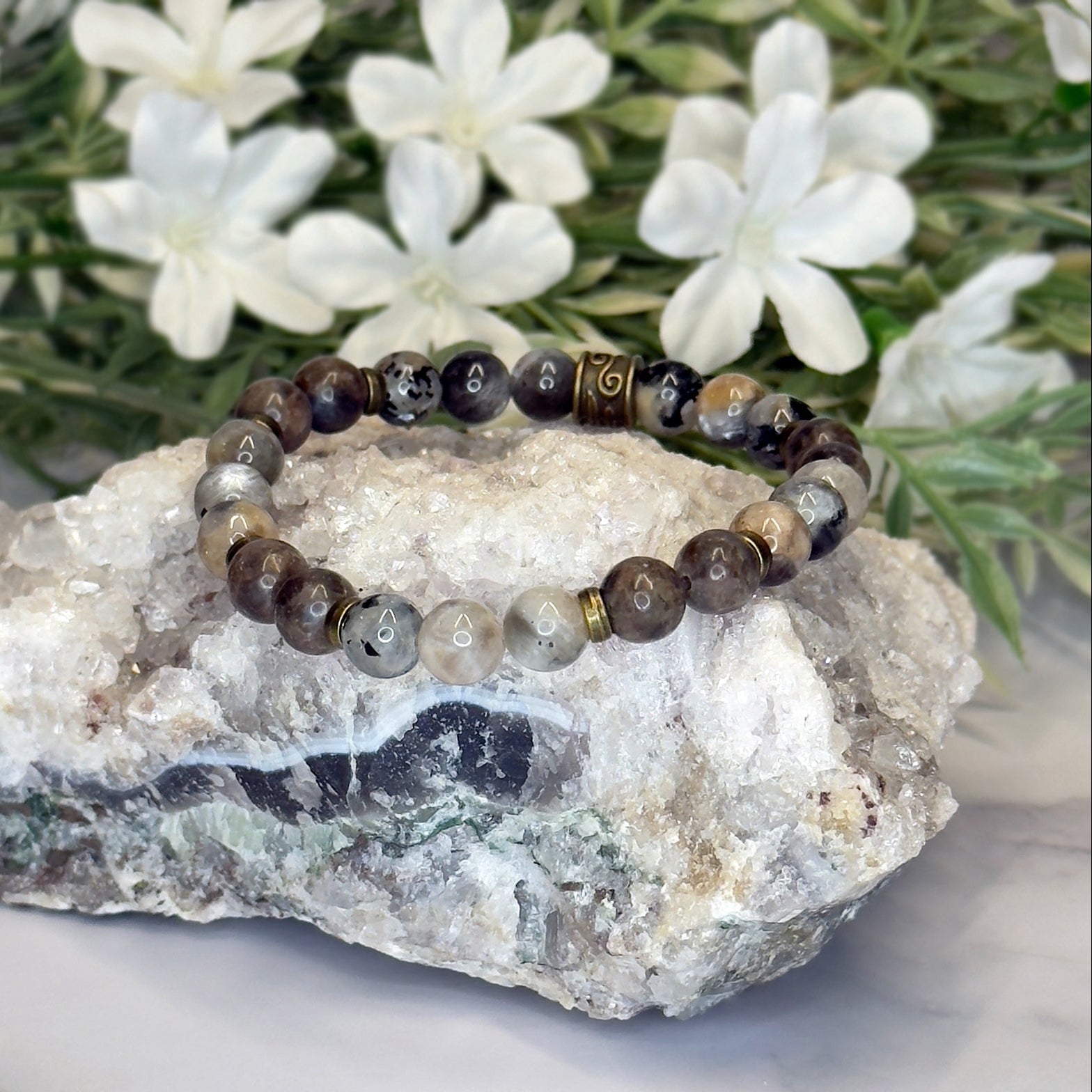 Sunstone, Moonstone & Chocolate Labradorite Stretch Bracelet- Artisan