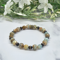 Tibetan Agate Dzi, Aquatine Calcite and Black Brass Stretch Bracelet – Artisan Made
