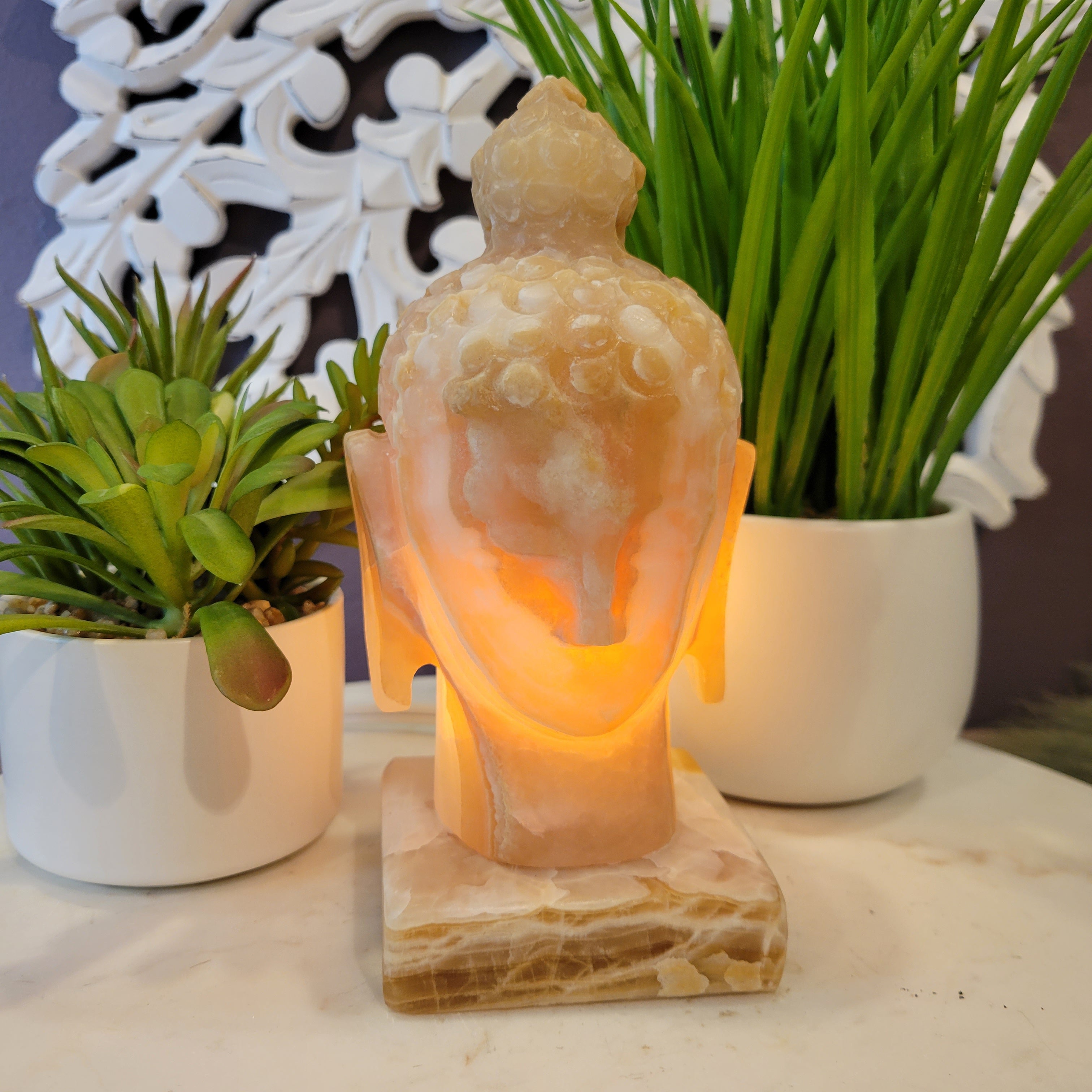 Amber Onyx Buddha Head Lamp with Bulb and Cord – Crystal Joys
