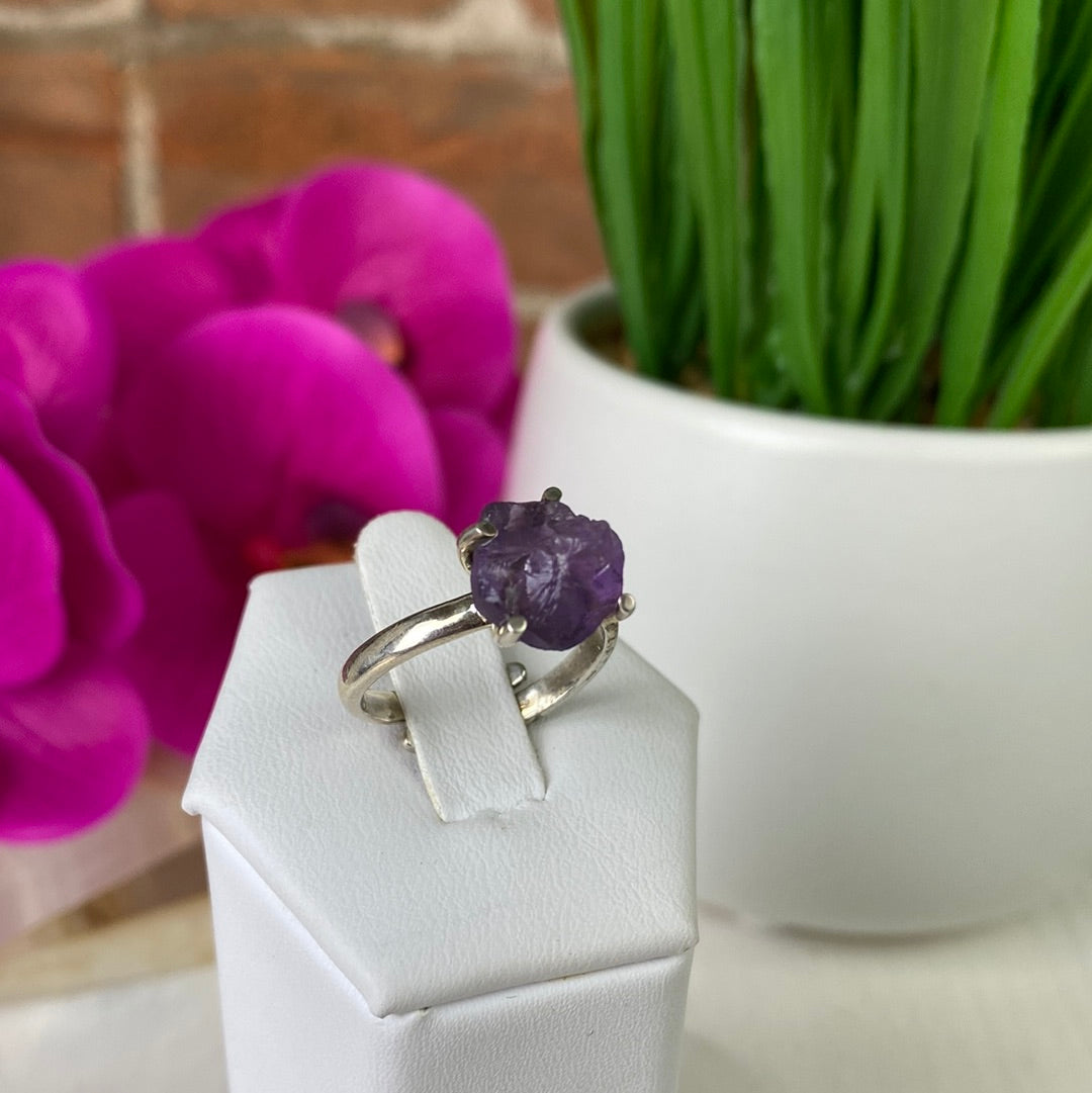 Amethyst Natural Gemstone Ring with Prong Sterling Silver Setting - Sized
