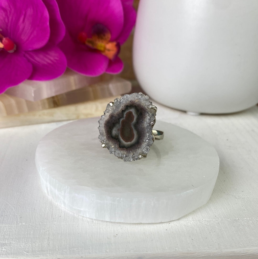 Amethyst Stalactite Flower Ring with Sterling Silver Prong Settings and Adjustable Band