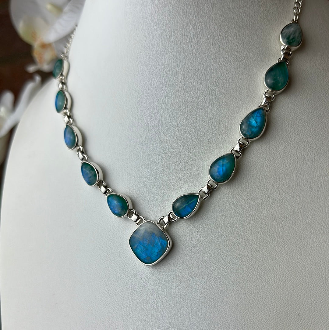 Green Moonstone Statement 18" Necklace in Sterling Silver