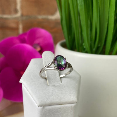 Mystic Quartz Ring Faceted Oval with Sterling Silver Prong Setting and Sized Band