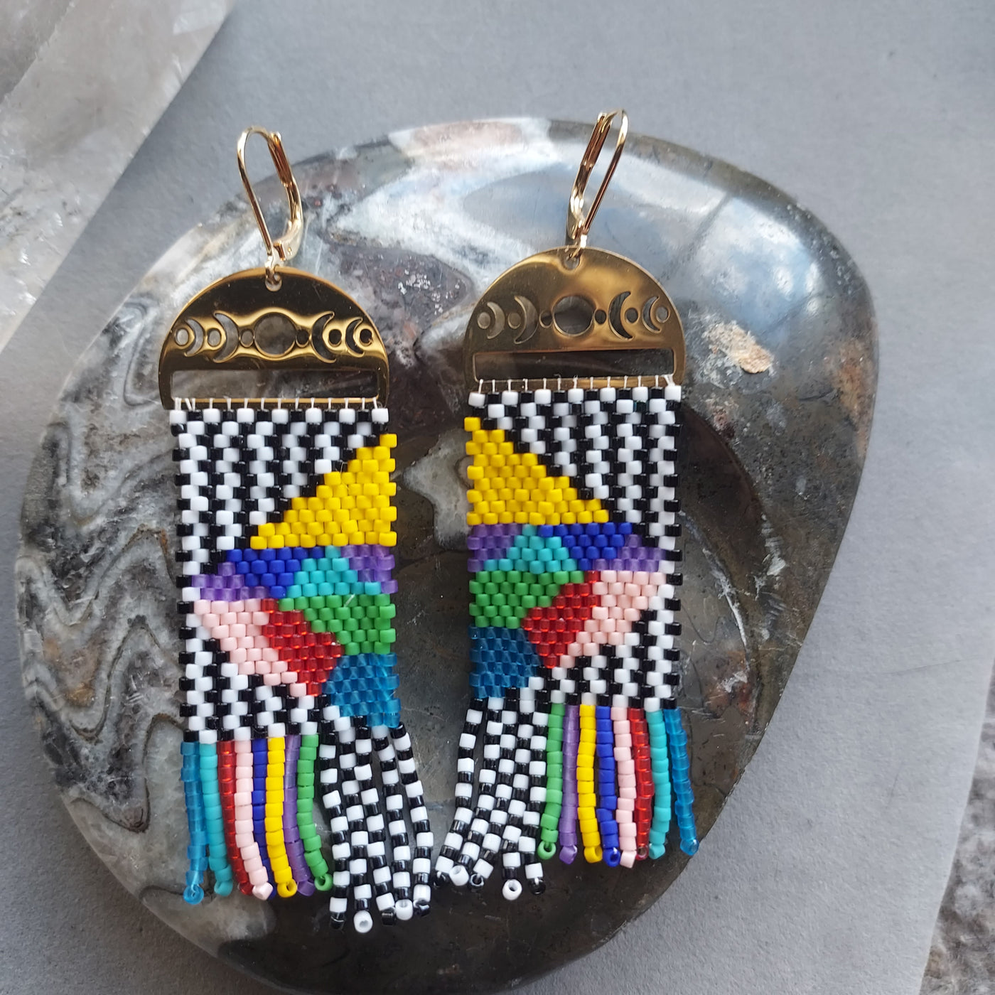 "Abstract Moon" Beaded Moon Phase Earrings - Artisan Made