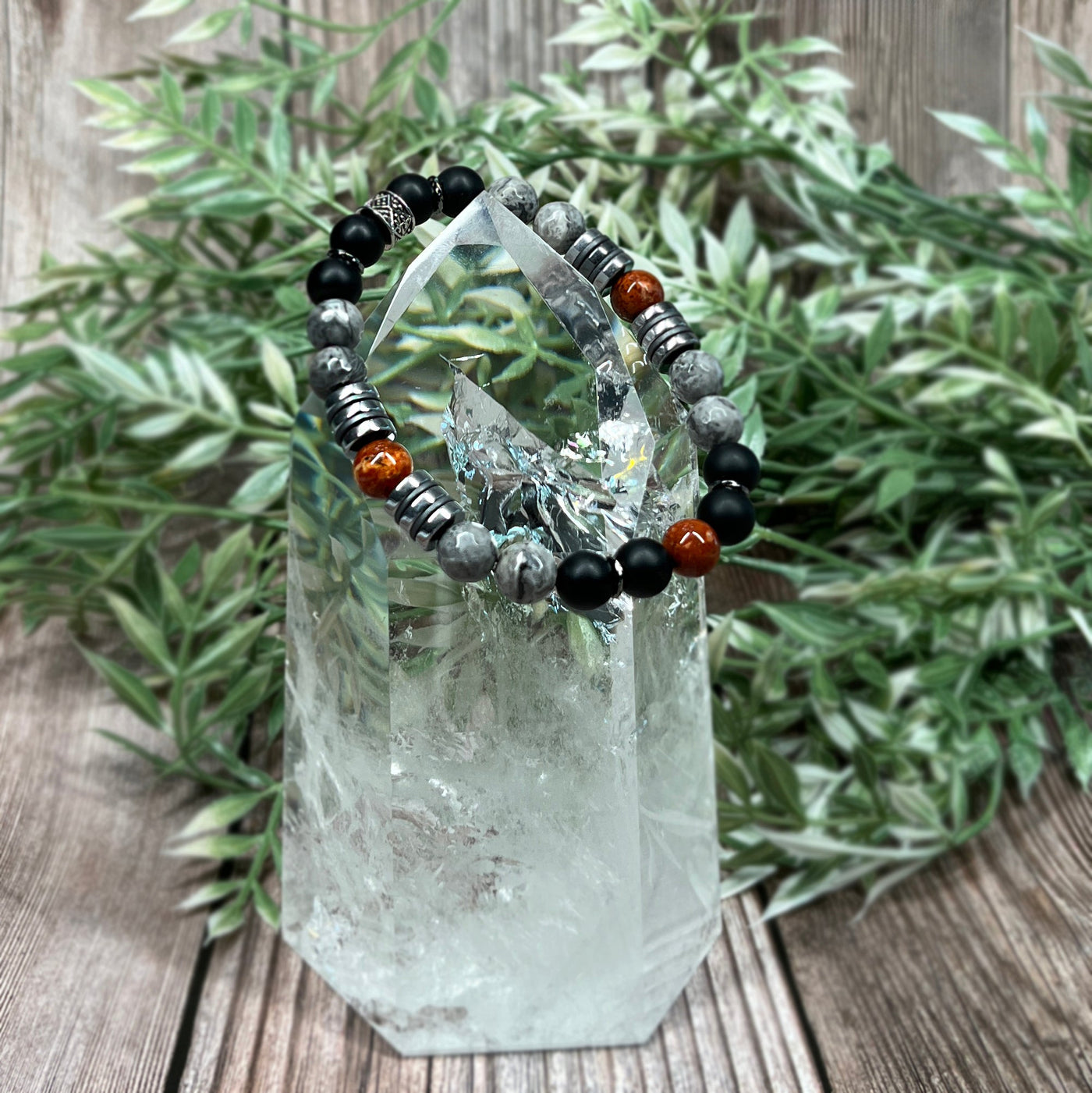 African Map Jasper, Onyx, Tibetan Jade & Hematite Stretch Bracelet - Artisan Made