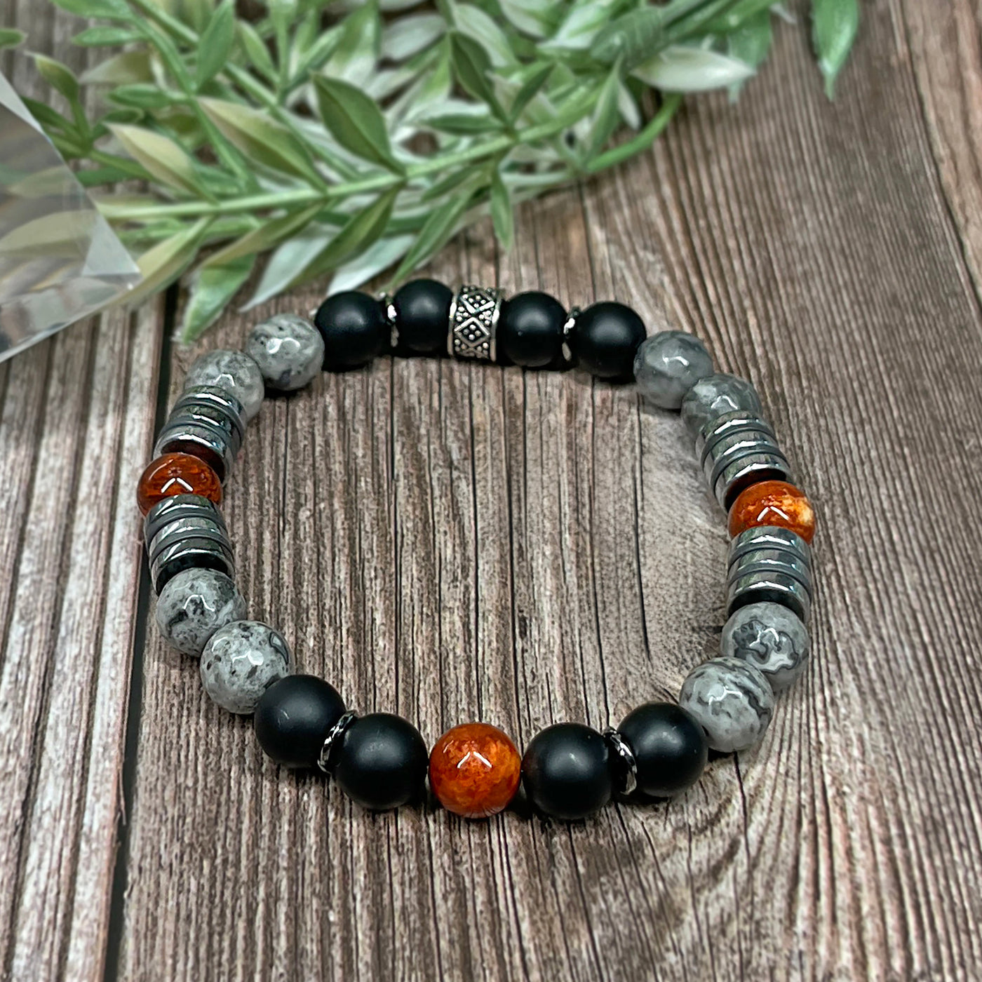 African Map Jasper, Onyx, Tibetan Jade & Hematite Stretch Bracelet - Artisan Made