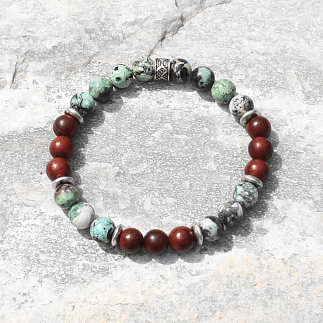 African Turquoise Jasper & Red Wood men Stretch Bracelet - Artisan Made