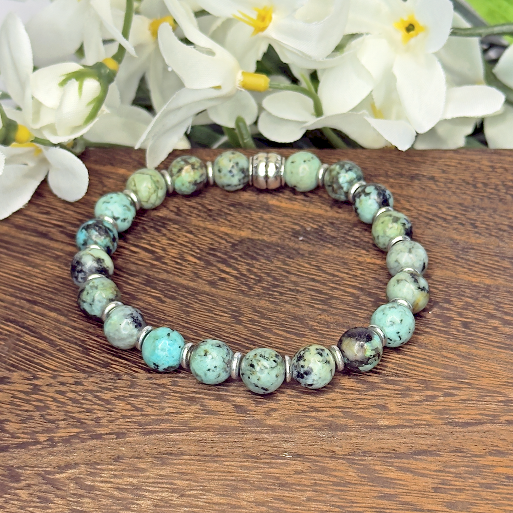 African Turquoise Jasper, Silver Brass Rondel Stretch Bracelet – Artis