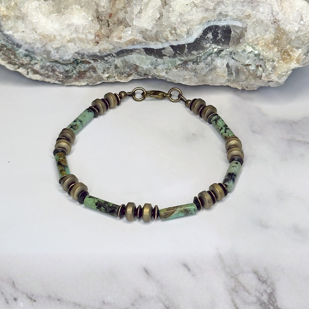 African Turquoise Jasper Tube, Hematite Clasp Bracelet – Artisan Made