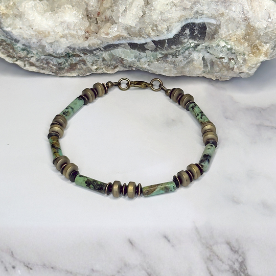 アクセサリー Takashi-Water African Turquoise Jasper Tube, Hematite Clasp Bracelet – Artisan Made