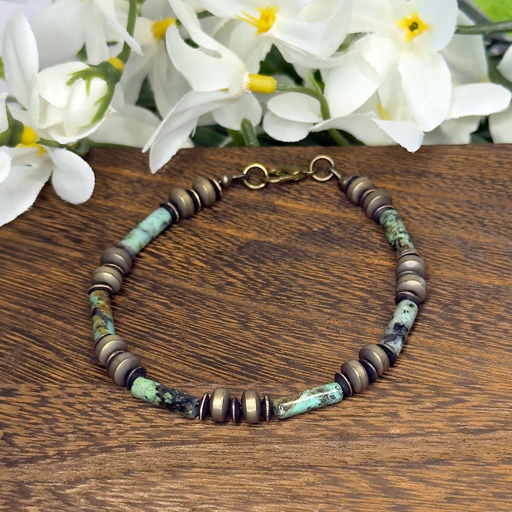 African Turquoise Jasper Tube, Hematite Clasp Bracelet – Artisan Made