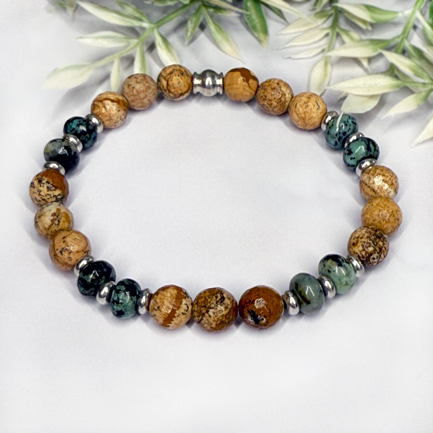 African Turquoise Jasper and Picture Jasper Stretch Bracelet- Artisan Made