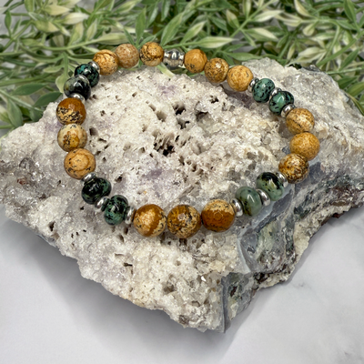 African Turquoise Jasper and Picture Jasper Stretch Bracelet- Artisan Made