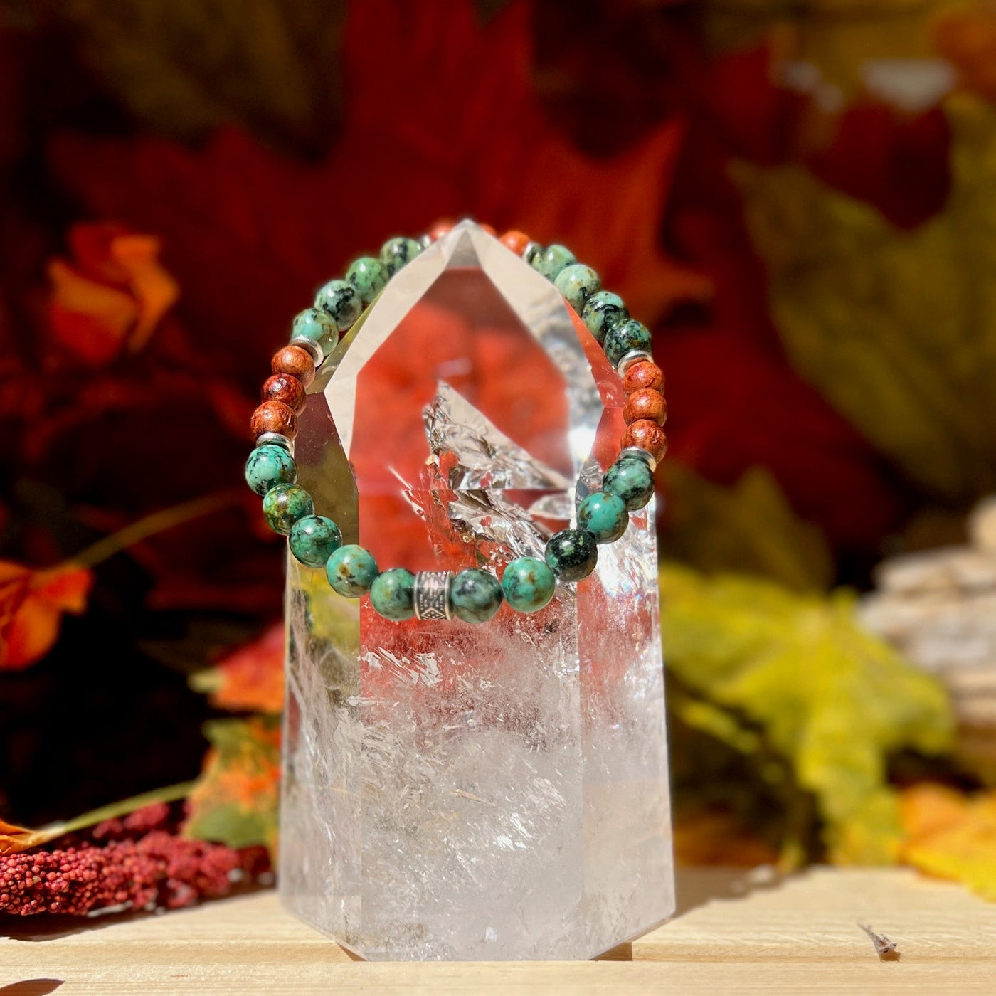 African Turquoise (jasper), Red Wood Unisex Stretch Bracelet - Artisan Made
