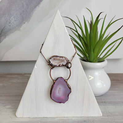 Agate Geode Pendant Necklace Double Stone with Antique Bronze Chain