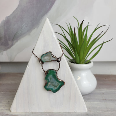 Agate Geode Pendant Necklace Double Stone with Antique Bronze Chain
