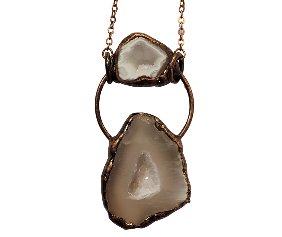 Agate Geode Pendant Necklace Double Stone with Antique Bronze Chain