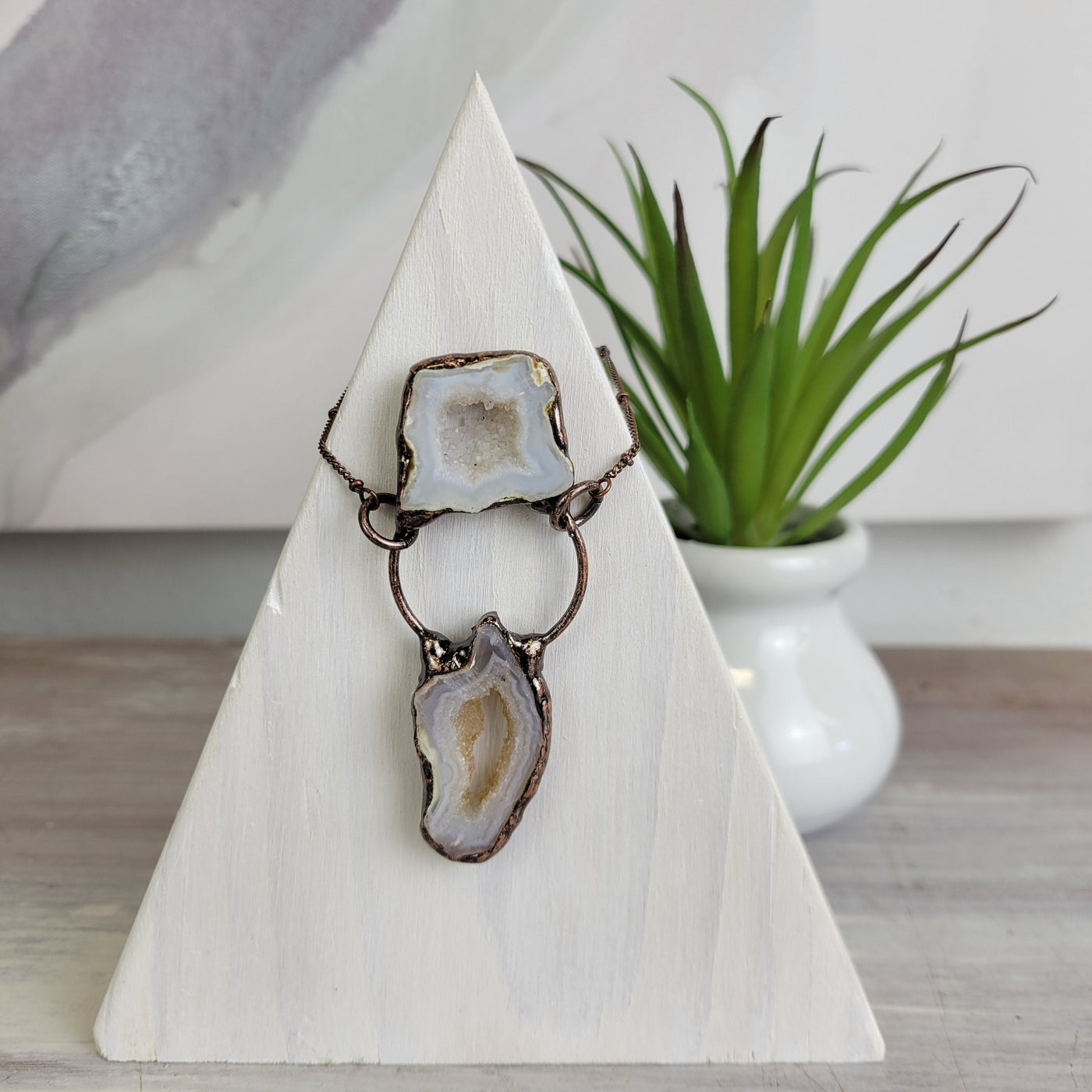 Agate Geode Pendant Necklace Double Stone with Antique Bronze Chain